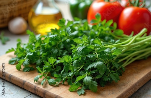 Fresh parsley, mint bunches rest on wooden board with tomatoes, peppers, olive oil. Ingredients for cooking vibrant vegan salad prepared for healthy meal. Close-up view shows raw vegetables ready for