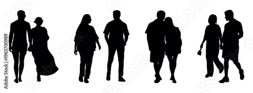 Silhouettes of couples and individuals walking together outdoors on a transparent background vector. vector silhouettes of people sets