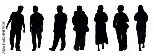 Silhouettes of standing individuals in casual wear on transparent background vector. vector silhouette of a man. silhouette of a woman. silhouette of a man