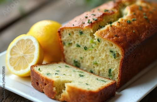Moist zucchini bread loaf with lemon zest and green herbs. A slice is cut showing tender crumb and golden crust. Whole lemons sit nearby on a white plate.