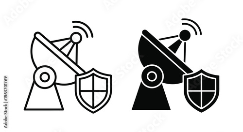 Satellite dish icons, security shield symbols, communication technology, black and white line art