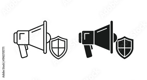 Megaphone, shield icons, security symbols, announcement signs, black and white graphics
