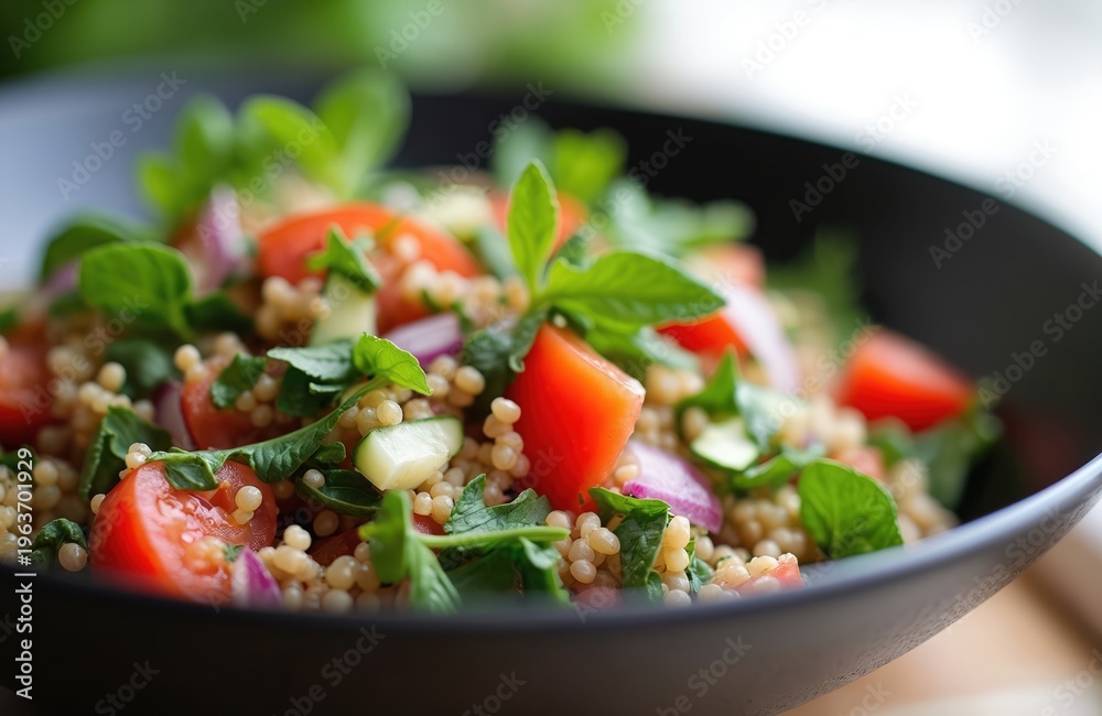 Fresh tabbouleh salad with couscous, tomato, cucumber, red onion and parsley in a black bowl. Healthy middle eastern meal for lunch or dinner.