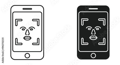 Facial recognition, mobile phone icons, face scan, biometric security, vector graphics