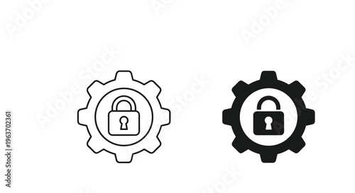 Security icons, gear shaped padlock symbols, black and white line icons, cybersecurity elements, 2 security gear icons