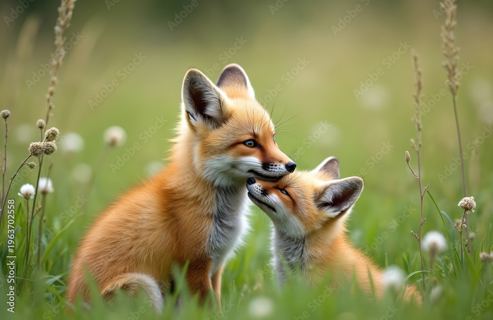 Fototapeta premium Mother fox gently nuzzles its adorable cub in a lush green meadow. Two fluffy foxes share a tender moment amidst wildflowers and tall grass. Young animal family bonding in their natural habitat.