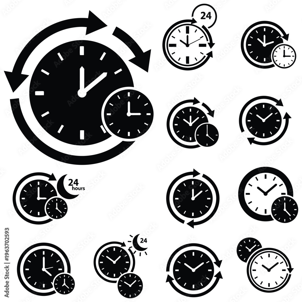 Fototapeta premium A set of vector clock icons showing time with hour, minute, and second hands in a simple black circular design suitable for business and office use
