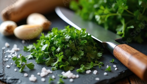 Fresh parsley, garlic cloves, and coarse salt are ready for meal prep. A chef knife rests on dark surface next to chopped herbs and seasonings. Ingredients for cooking flavorful dishes.
