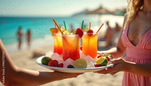Waiter brings fruity cocktails on beach party tray. Refreshing drinks with ice and berries, served by sea. People relax under sun, enjoy cool beverages, celebrate summer vacation.