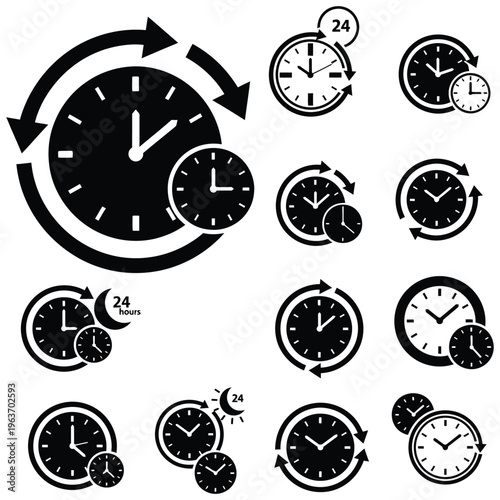 A set of vector clock icons showing time with hour, minute, and second hands in a simple black circular design suitable for business and office use