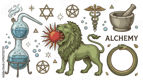 Vintage Alchemy Symbols Set with Green Lion Eating Sun, Ouroboros, and Esoteric Mystical Icons. Hand Drawn Engraving Illustration for Magic, Astrology, and Occult Projects.