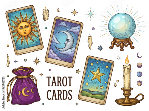 Mystical Esoteric Set with Tarot Cards, Crystal Ball, Candles and Celestial Symbols Illustration