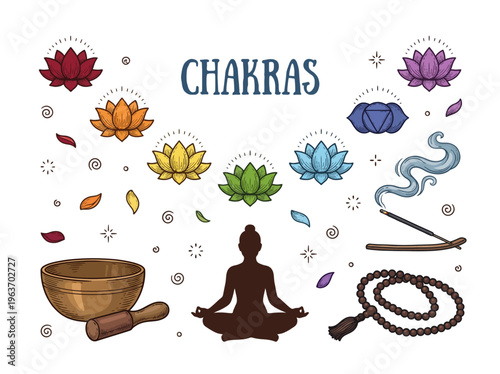 Spiritual Meditation and Yoga Elements Set with Seven Lotus Chakras, Meditating Silhouette, Singing Bowl, Incense, and Prayer Beads
