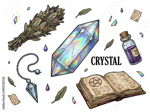 Witchcraft and Magic Tool Set with Iridescent Crystal Sage Spellbook and Pendulum Vector Illustration