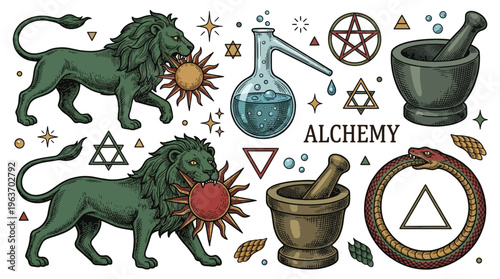 Vector set of vintage alchemy symbols featuring green lions eating the sun, ouroboros snake, chemical flask, mortar and pestle, and mystical geometric occult signs on black background