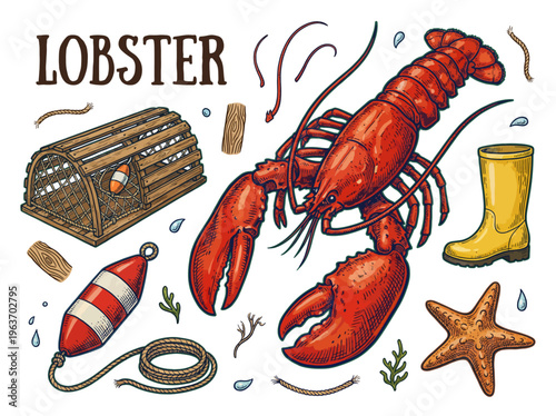 Vintage Hand Drawn Nautical Lobster Fishing Vector Set with Red Lobster, Trap, Buoy, Starfish, and Rubber Boot