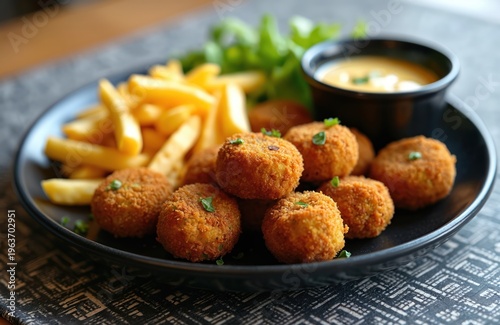 Fried chickpea falafel balls with french fries served on black plate with dipping sauce and fresh green salad. Delicious mediterranian street food meal.