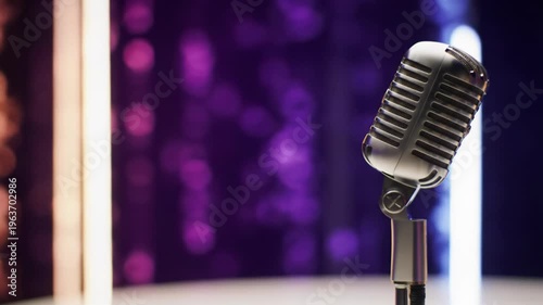 Wallpaper Mural Video of a sleek, chrome professional microphone on a minimalist stand, sharp with a subtle lens flare against vibrant blurred bokeh, perfect for broadcast communication. Torontodigital.ca