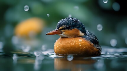 Small colorful duck swimming in water with droplets and bokeh background creating peaceful wildlife scene for nature photography projects.