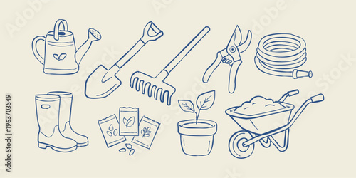 Gardening tools and equipment doodle set in line style