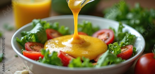 Bright orange dressing cascades onto fresh green salad with red tomato slices. Healthy meal is prepared in white bowl, rich in vegetables, vitamins. Delicious food preparation with fresh ingredients.