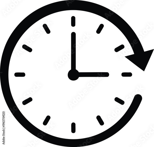 A simple black and white vector icon of a clock with an arrow circling around to indicate history Vector
