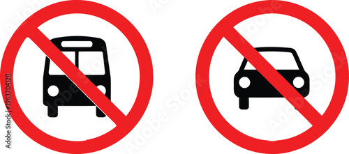 Two circular road signs prohibiting the entry of buses and passenger cars on a white background. Vector