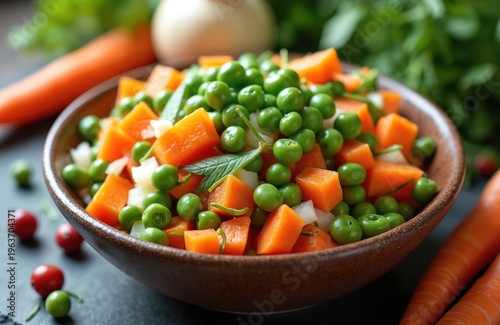 Bowl of colourful mixed vegetables includes chopped carrots and green peas. Fresh ingredients for healthy eating. This wholesome dish makes a great side.