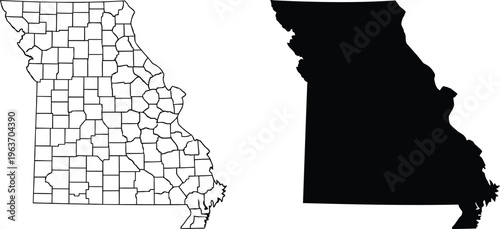 A side by side comparison showing both the county lines and the solid silhouette of missouri state Vector
