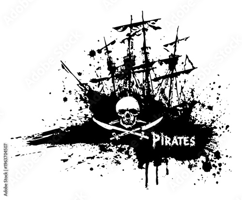 Pirate ship silhouette with skull and crossbones flag in dark ink splatter style