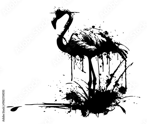 Obraz na płótnie Elegant silhouette of a flamingo bird created with artistic ink splashes and dri