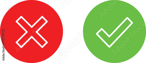 A pair of circular icons featuring a red cross symbol on the left and a green checkmark on right Vector