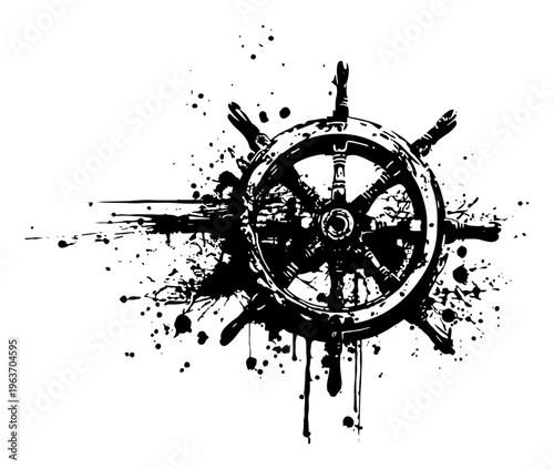 Nautical ship steering wheel silhouette in vintage ink splatter style