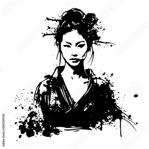 Portrait of a Japanese woman in kimono in artistic ink splatter style