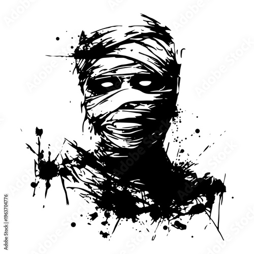 Scary ancient mummy head wrapped in bandages depicted in messy black ink style