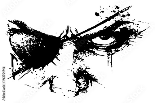 Warrior face with eyepatch in dramatic black ink splatter grunge style