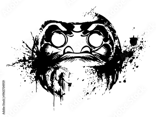 Japanese Daruma doll silhouette in artistic black ink splatter grunge style