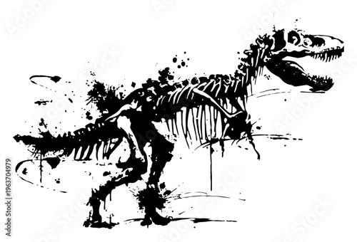 Tyrannosaurus Rex dinosaur skeleton in artistic black ink splatter grunge style