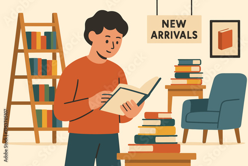 Man happily reading a book in a cozy bookstore with new arrivals sign