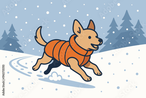 Joyful dog in an orange coat frolicking through a snowy winter landscape