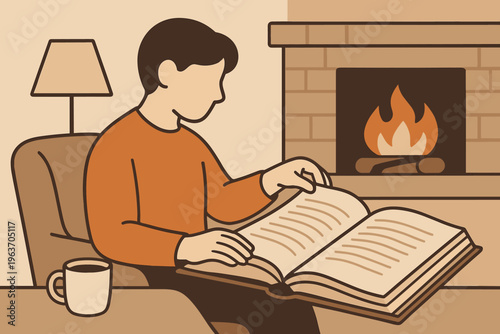Cozy evening reading by the fireplace with a warm drink and a good book
