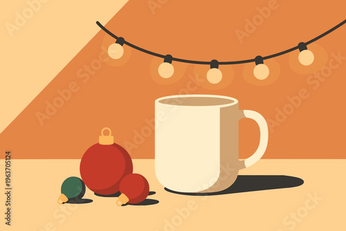 Cozy Christmas mug and ornaments with festive string lights overhead