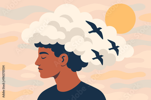 Person with clouds and birds emerging from head, symbolizing freedom and imagination