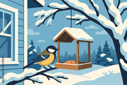 Charming bird visits a snow-covered feeder in a winter wonderland scene