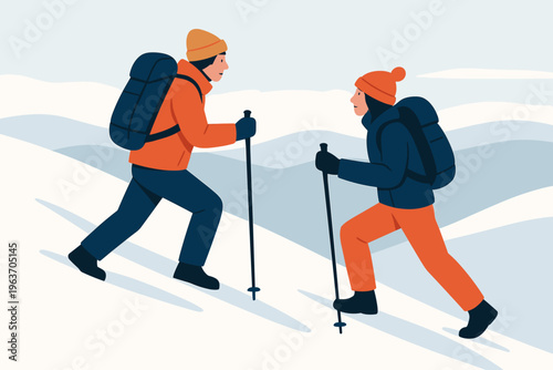 Two hikers with backpacks ascend a snowy mountain trail using trekking poles