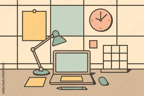 Modern minimalist desk setup with laptop, lamp, and clock illustration