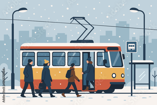 People boarding a tram at a snowy bus stop in a city