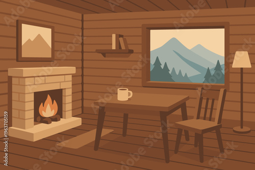 Cozy cabin interior with fireplace, table, and mountain view window