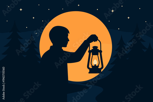 Silhouette of a person holding a lantern against a large moonlit night sky