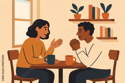 Two people having an empathetic conversation over coffee at a cafe